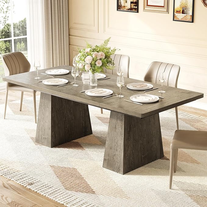 LITTLE TREE Dining Table for 6 People, Wooden Table, Rectangle Furniture with Heavy Duty Legs, Modern Kitchen Table for Home, Dining Room, Grey