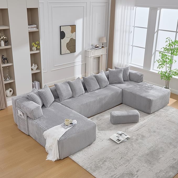 Eafurn DIY Combination Compression Modular Sectional Sofa with Double Chaise Lounge, 146" Oversized U Shaped Boneless Couch with Deep Seat Convertible Sleeper Sofabed w/Throw Pillows
