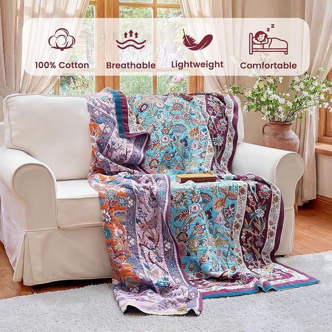 MSGKV Boho Throw Blanket for Couch 50"x60" 100% Cotton Sofa Floral Bird Blanket - Image 2
