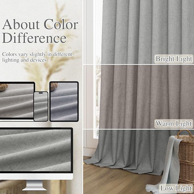 Guken Dark Grey 100% Blackout Linen Curtains 96 Inch Length 2 Panels Set - Image 7