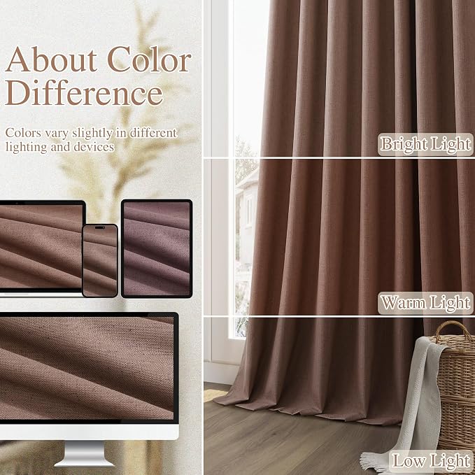 Guken Cappuccino 100% Blackout Linen Curtains 84 Inch Length 2 Panels Set - Image 7