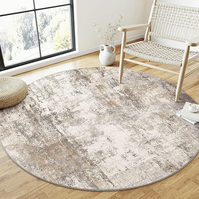 3x3 Washable Round Rug Brown Grey Neutral Abstract Entryway Non Slip Low Pile Area Rug Living Room Bedroom Indoor Doormat Small Soft Carpet for Entrance Bathroom Kitchen