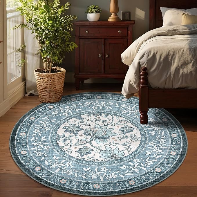 GarveeHome Misty Blue Botanical Grove 4ft Round Rug, Small Circle Vintage - Image 4