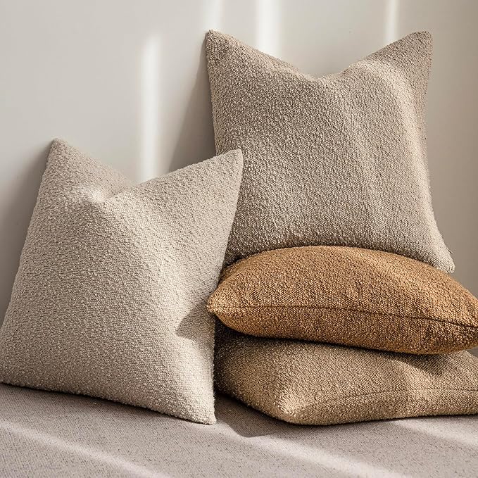 Foindtower Set of 2, Decorative Textured Boucle Throw Pillow Covers Accent Solid Pillow Cases Neutral Soft Couch Cushion Case for Chair Sofa Bedroom Living Room Home Decor 16 x 16 Inch Rust Tobacco