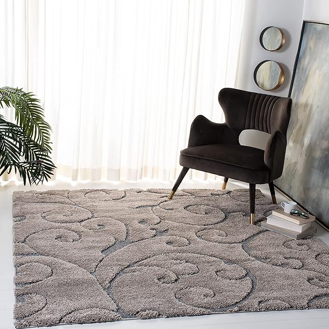 SAFAVIEH Florida Shag Collection Area Rug - 5' Square, Grey & Light Blue, Scroll Design, Non-Shedding & Easy Care, 1.2-inch Thick Ideal for High Traffic Areas in Living Room, Bedroom (SG455-1160)