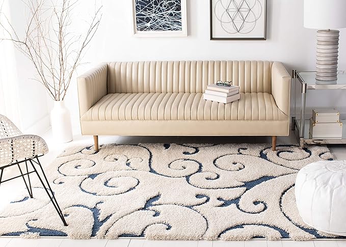 SAFAVIEH Florida Shag Collection Area Rug - 8'6" x 12', Cream & Blue, Scroll Design, Non-Shedding & Easy Care, 1.2-inch Thick Ideal for High Traffic Areas in Living Room, Bedroom (SG455-1165)