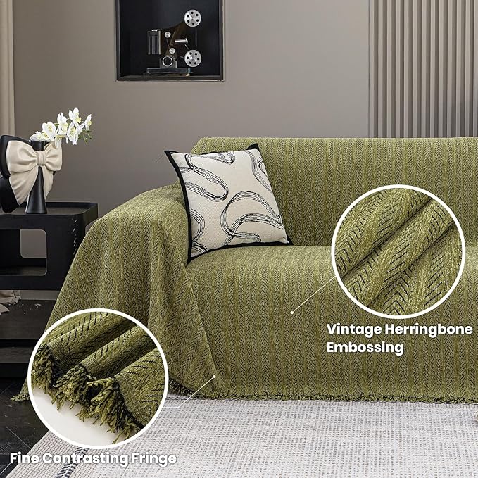 Nobildonna Sofa Cover Washable Soft Thicken Chenille Couch Cover with Tassel,Waterproof Sofa Slipcover for 3-4 Cushion Couch,Sectional Sofa,L-Shaped Furniture Protector Pet-Friendly,Green 71"x150"