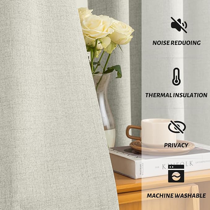 Yakamok Cream Linen Curtains 100% Blackout 96 Inches Long, Room Darkening - Image 5