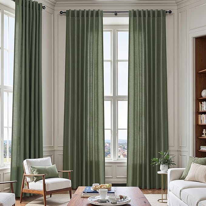 Nanspring Olive Green Linen Blend Semi Sheer Curtains 102 Inches Long x 60 - Image 7