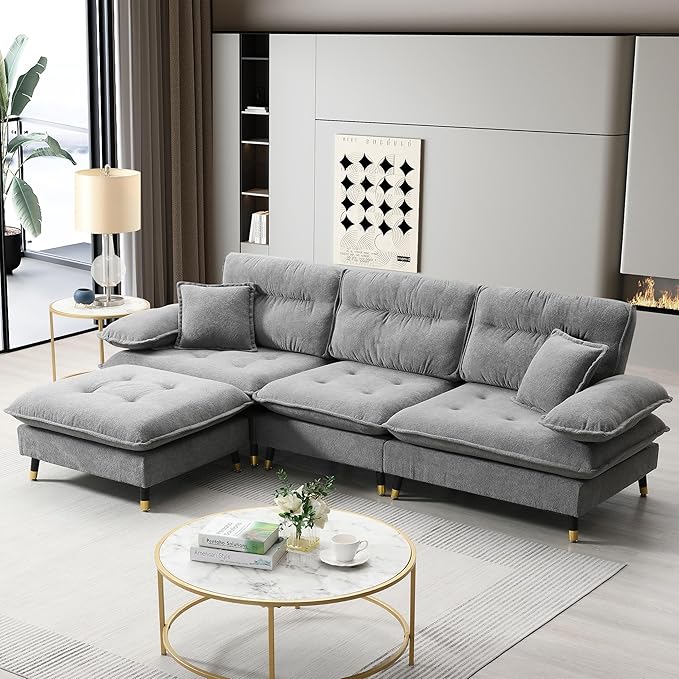 106" L Shaped Convertible Sectional Sofa,4 Seat Tufted Cloud Couch Set W/Movable Ottoman for Living Room, Apartment,Office,Chenille Fabric,Grey