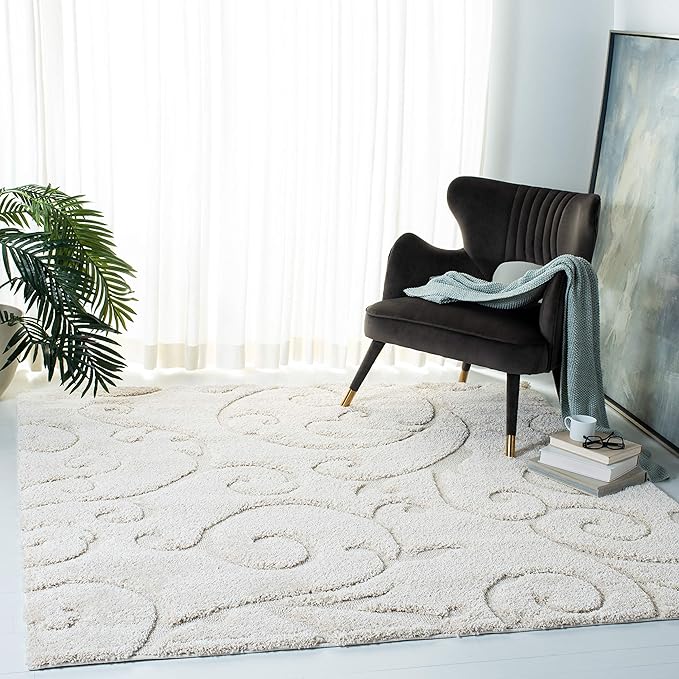 SAFAVIEH Florida Shag Collection Area Rug - 4' Square, Creme & Creme, Scroll Design, Non-Shedding & Easy Care, 1.2-inch Thick Ideal for High Traffic Areas in Living Room, Bedroom (SG455-1111)