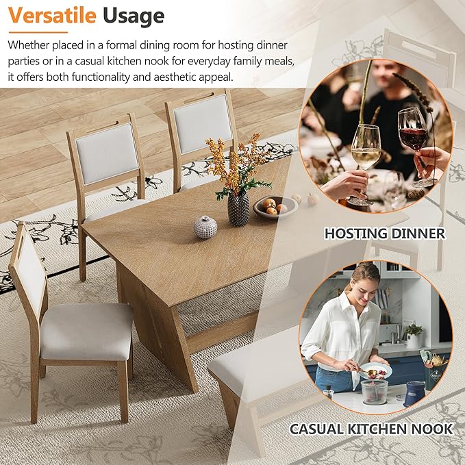 Merax 6-Piece Retro Dining Set, 1 Rectangular Table with Stable Trapezoidal Table Base and 4 Upholstered Chairs and 1 Bench for Dining Room and Kitchen, Natural Wood Wash