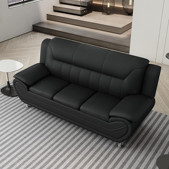 Container Furniture Direct Michael Modern Faux Leather Upholstered Stainless Steel Legs Living Room, Chair, Loveseat, Sofa, Black