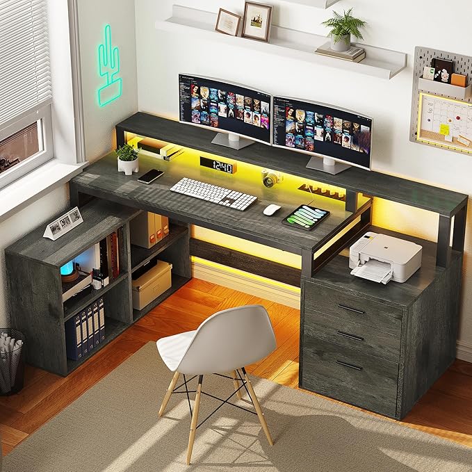 DWVO L Shaped Desk with Drawers, 65" Computer Desk with Power Outlets & LED Lights, Corner Home Office Desk with Storage Shelves & Printer Stand, Grey