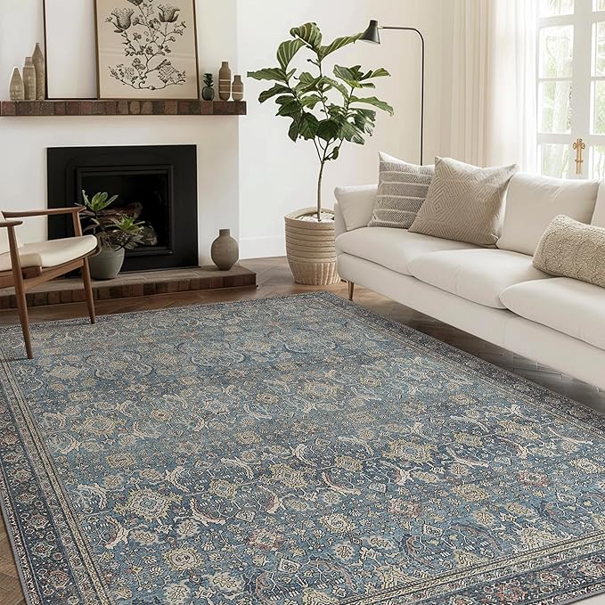 6X9 Area Rugs Machine Washable Rugs for Living Room, Vintage Boho Large Rugs for Bedroom Dining Room, Non Slip Indoor Soft Distressed Lightweight Thin Low Pile Carpet, Vintage Blue