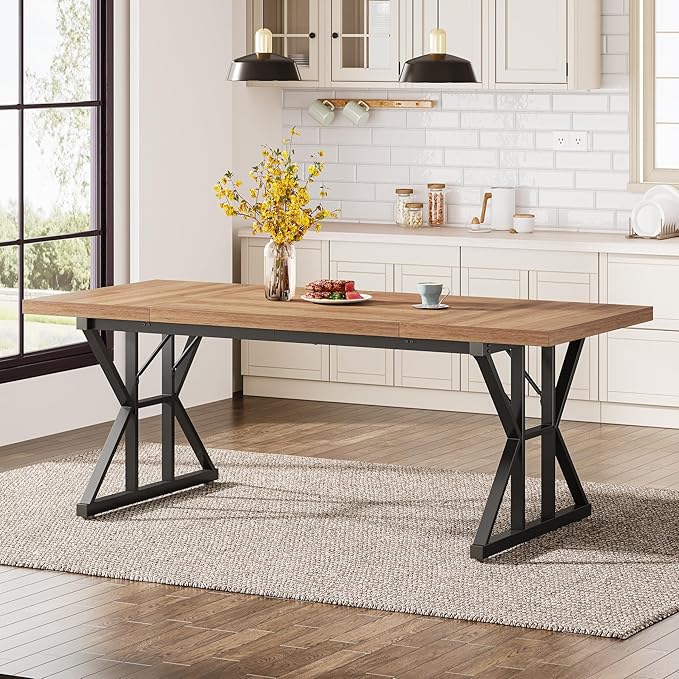 Tribesigns Farmhouse Dining Table for 6 People, 70.8-Inch Rectangular Wood Dining Table, Rustic Kitchen Table with Heavy Duty Metal Legs for Dining Room (Light Brown, 70.8 Inch)