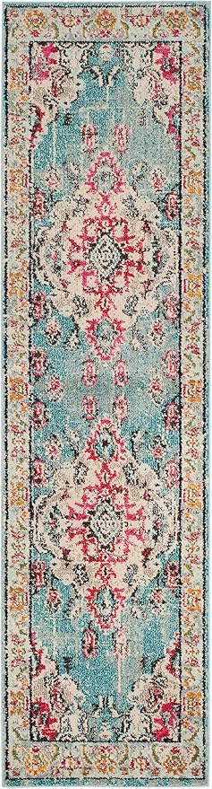SAFAVIEH Monaco Collection Runner Rug - 2'2" x 18', Light Blue & Fuchsia, Medallion Distressed Design, Non-Shedding & Easy Care, Ideal for High Traffic Areas in Living Room, Bedroom (MNC243J)