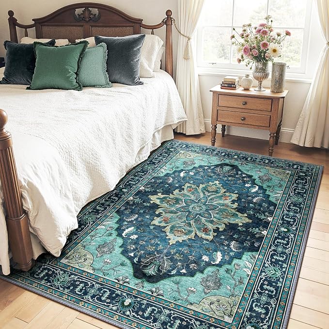 Area Rugs 4'x5' Washable Non-Slip, Floral Vintage Distress Print Pattern by RELEANY