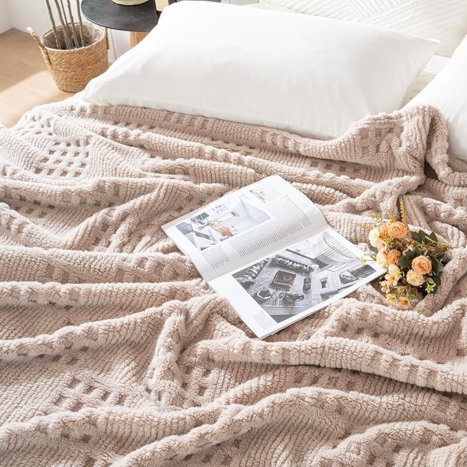 50x70 Inch Waffle Brown Throw Blanket -Fluffy Fleece, Neutral Tan Color - Image 4
