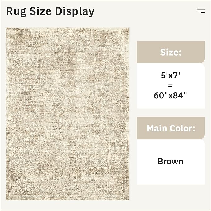 5x7 Area Rugs Brown Low Pile Indoor Washable Trendy Faded Style Floral Rugs - Image 5