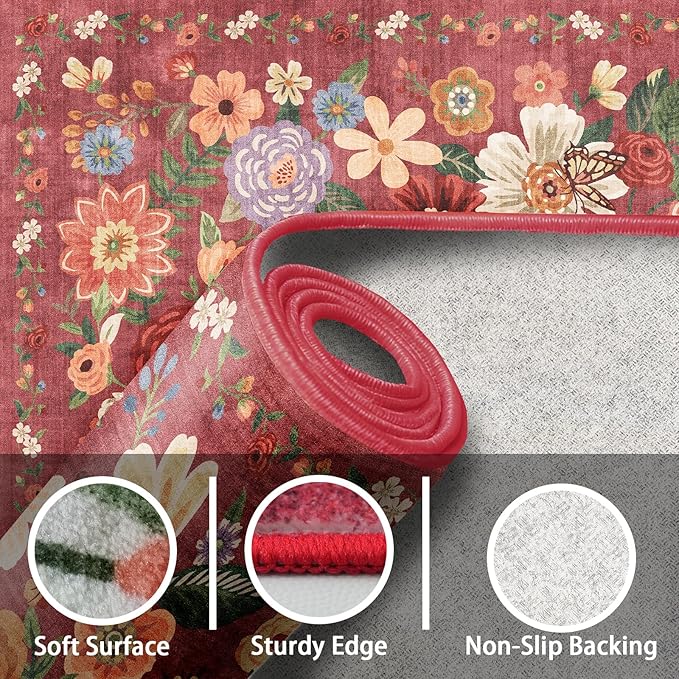 Floral Machine Washable Rug, 3x5 Rug Non Slip Soft Bedroom Rugs - Image 4