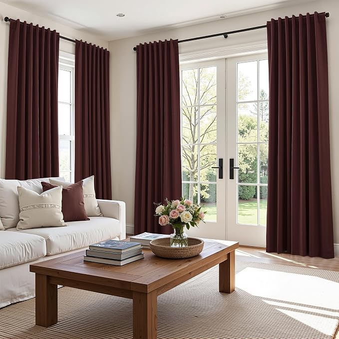 Guken Reddish Brown 100% Blackout Linen Curtains 120 Inch Length 2 Panels Set - Image 9