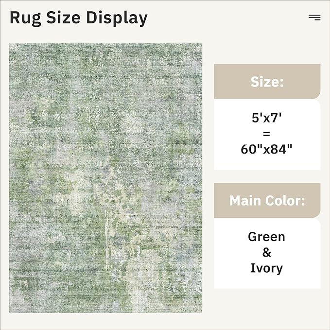 Abstract Rug 5x7 Machine Washable Area Indoor Green Low Pile Non-Slip Foldable - Image 5