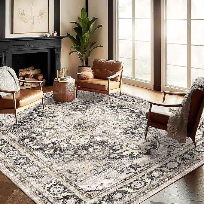 Washable Area Rug 8'x10' Black-Purple Khaki Retro Boho Design Non-Shedding Non-Slip Easy Care Ideal for High Traffic Areas in Living Room Bedroom Office Coffee Table Kitchen Large Carpet