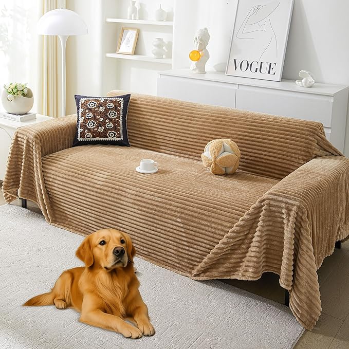 HAOMAIJIA Faux Fur Sofa Covers Couch Covers for 2 Cushion Couch Sofa Pet Friendly Soft Non Slip Couch Cover for Dogs Washable Sectional Couch Covers L Shape Furniture Protector (Khaki, 71"x118")
