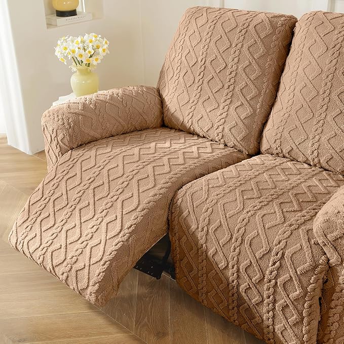vctops 6 Pieces Geometric Jacquard Plush Recliner Loveseat Slipcovers Soft Fuzzy Fluffy Sofa Couch Cover Anti-Slip Furniture Protector with Elastic Bottom for Kids Cats Dogs(Brown,2 Seat)