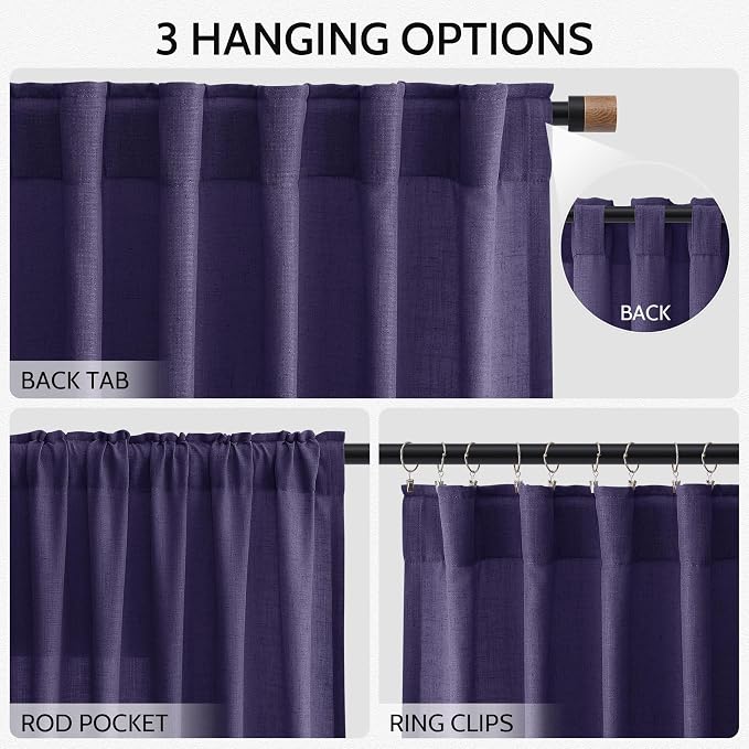 Nanspring Purple Linen Curtains 84 Inches Long, Back Tab Light Filtering Semi - Image 3