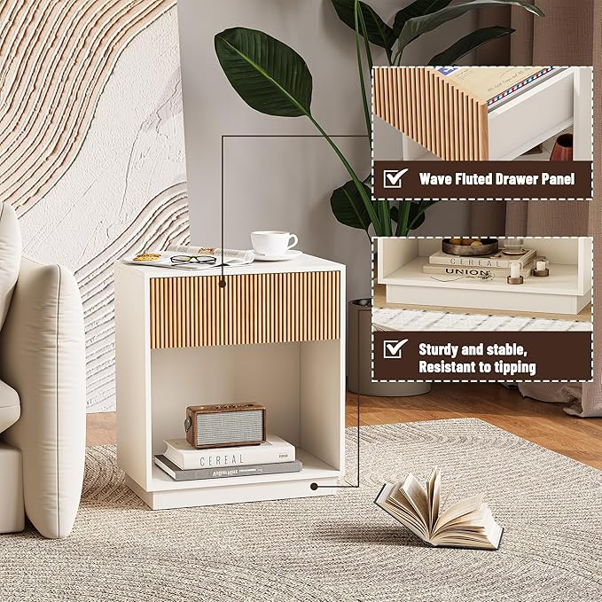 Fluted Nightstands Set of 2, Modern Bedside Table with Drawer and Storage Shelf, Wood End Table Mid Century Night Stands for Bedroom Living Room Sofa Couch Office (White+Oak)
