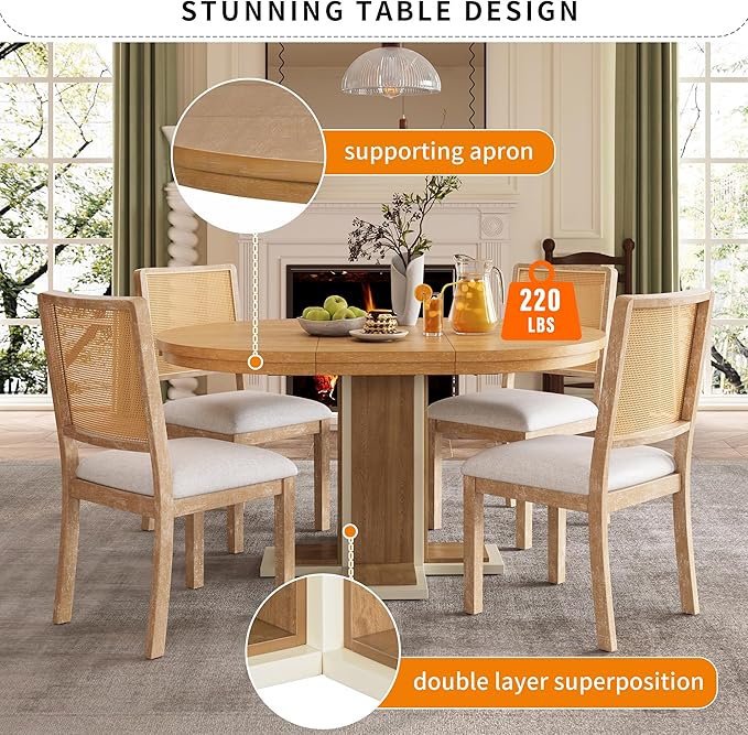 Mid-Century Modern Extendable Round Table with 16" Removable Leaf, Expandable Circular to Oval (42" to 58") Solid Wood Tabletop with Cross Design Trestle Legs for Kitchen Dining/Living Room