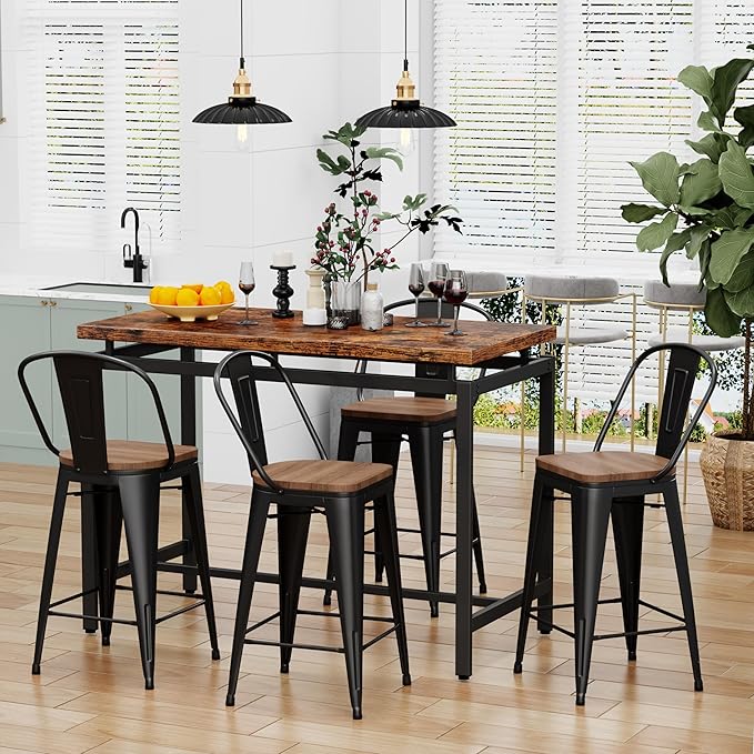 Changjie Furniture 24 Inches Metal Barstools Set of 4 Counter Height Bar Stools Industrial Stools with Backs High Back Chairs for Kitchen Island (24 Inch, Black)