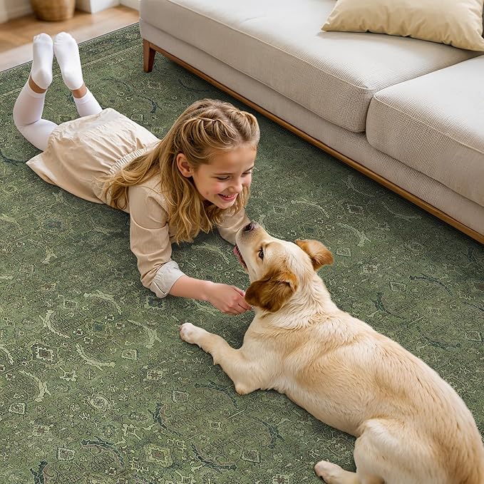 8X10 Area Rugs Machine Washable Rugs for Living Room, Vintage Boho Large Rugs for Bedroom Dining Room, Non Slip Indoor Soft Distressed Lightweight Thin Low Pile Carpet, Vivid Green