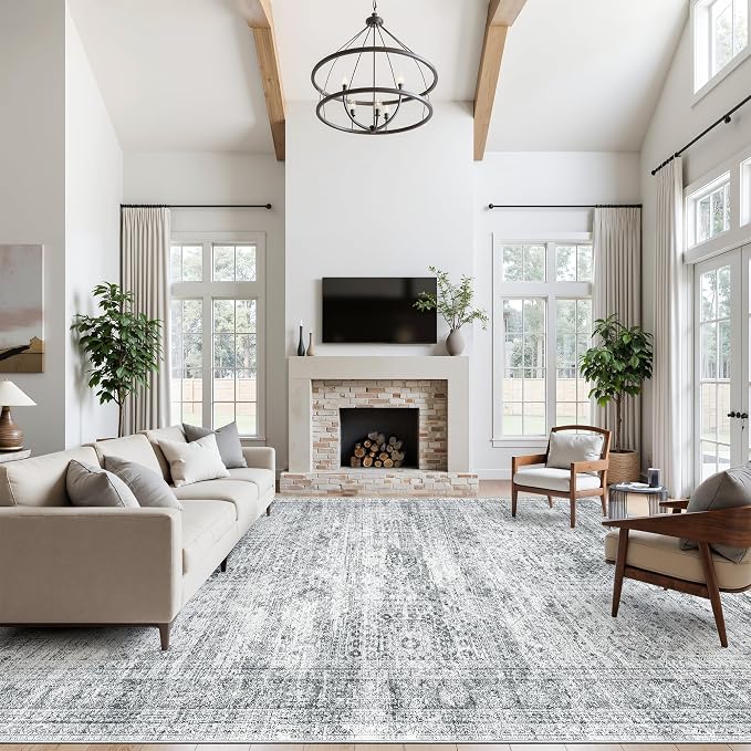 12x15 Washable Area Rug Gray Neutral Abstract Living Room Large Carpet Non Slip - Image 4
