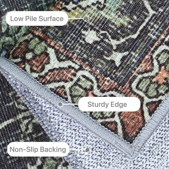 8X10 Area Rugs Machine Washable Rugs for Living Room, Vintage Boho Large Rugs for Bedroom Dining Room, Non Slip Indoor Soft Distressed Lightweight Thin Low Pile Carpet, Black