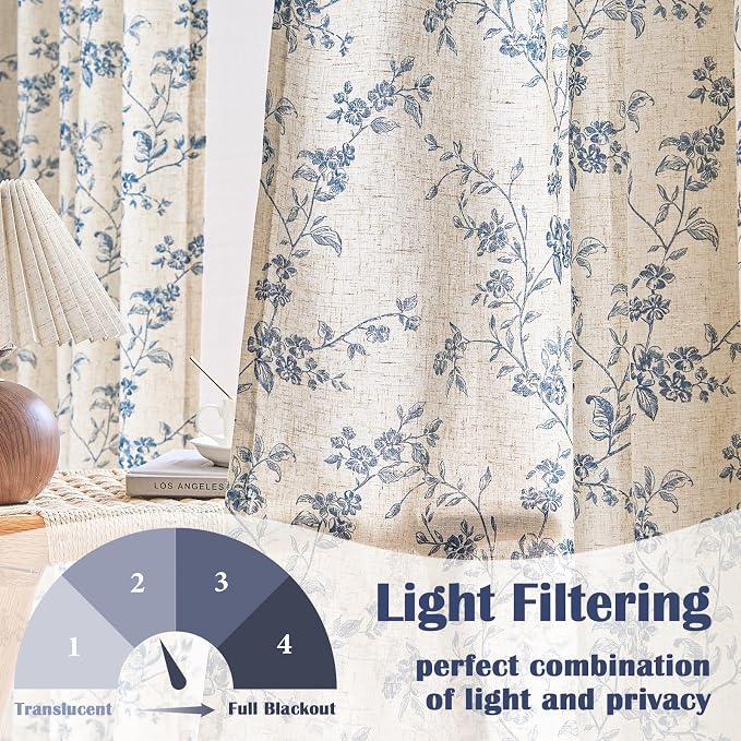 Lazzzy Farmhouse Linen Curtains Blue Floral Curtains 96 Inch Long Back Tab - Image 3