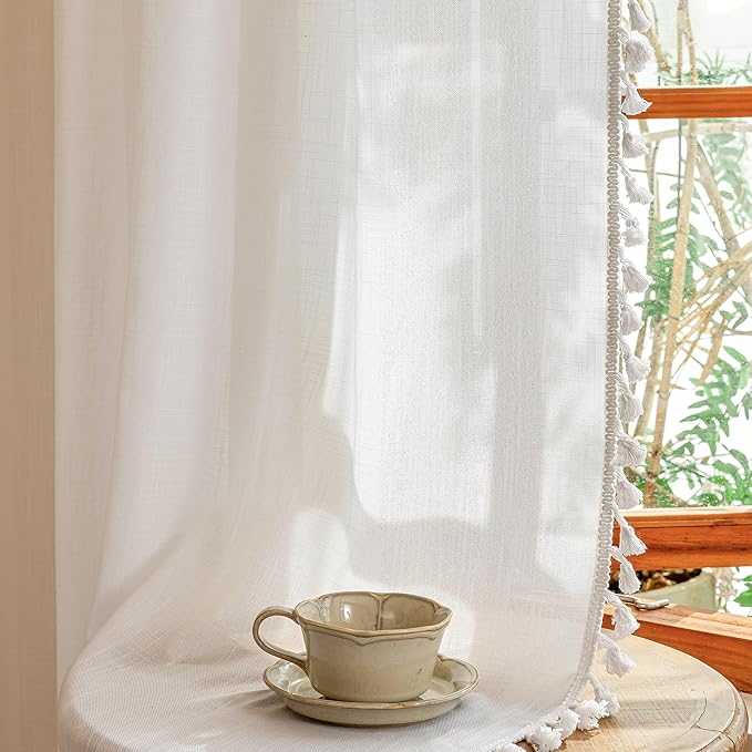 MYSKY HOME 72 Inches Long Semi Boho Sheer White Door Curtains - Image 7