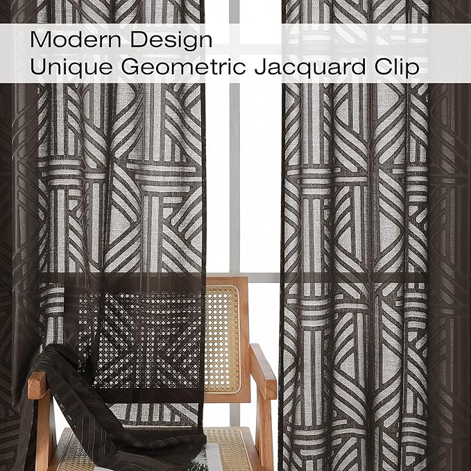 Simplebrand Chocolate Semi Sheer Curtains 45 Inch Length 2 Panels, Geometric - Image 3