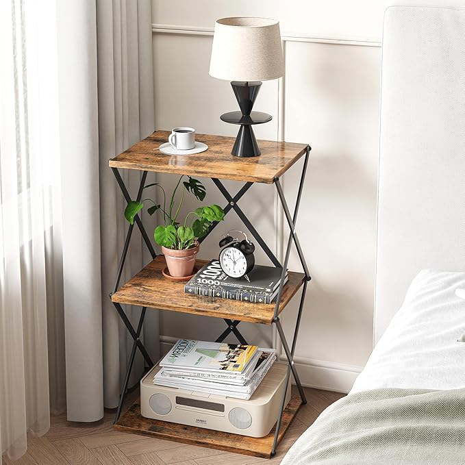 3-Tier End Table Set of 2 Small Side Table Tall Bedside Night Stand with Storage Sofa Side desks for Living Room Bedroom Office Bathroom Small Space Rustic Brown ET-03RB-2