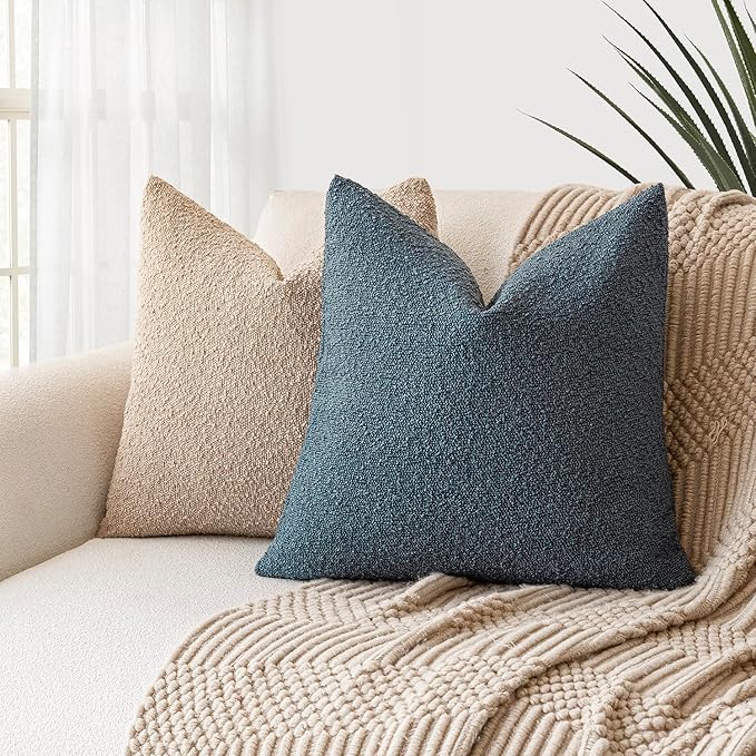 Foindtower Pack of 2 Modern Textured Boucle Throw Pillow Covers Accent Solid Decorative Pillow Cases Cozy Woven Couch Cushion Case for Chair Sofa Bedroom Living Room Home Decor, 18 x 18 Inch,Blue