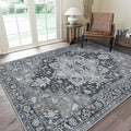 GENIMO 10x12 Area Rugs for Living Room, Machine Washable Non Slip Vintage Rugs, Low Pile Lightweight Chenille Print Rug for Bedroom, Dining Room, Home Office,Dark Gray