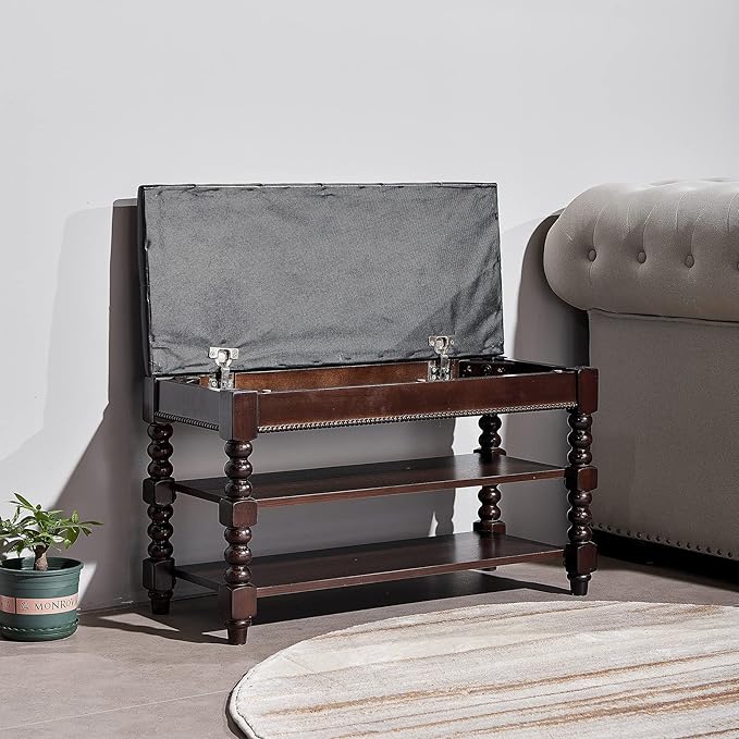 Shoe Storage Bench, Entryway Shoe Rack with Leather Seat 2-Tier Lift-top Organizer Wooden Bench for Foyer Bedroom Living Room Accent Furniture (31.5'')
