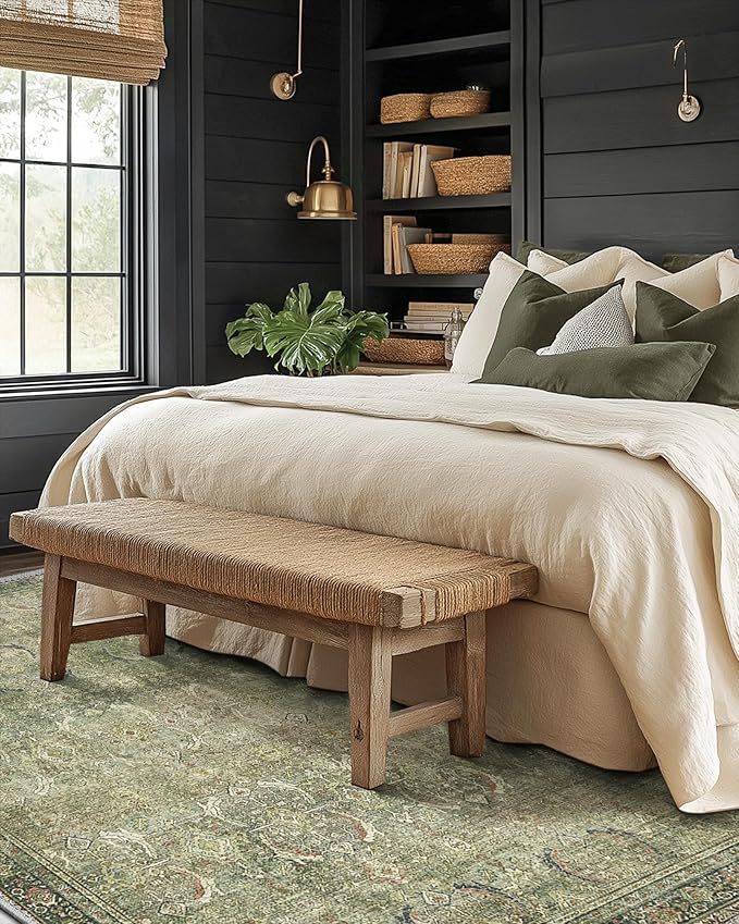 10X14 Area Rugs Machine Washable Rugs for Living Room, Vintage Boho Large Rugs for Bedroom Dining Room, Non Slip Indoor Soft Distressed Lightweight Thin Low Pile Carpet, Green