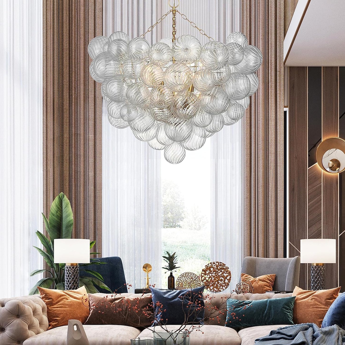 Nordic Bubble Ball Swirled Glass Chandelier, Dia 36 inch Gild Gold and Clear Blown Glass Large Pendant Light Fixture for Bedroom Study Restaurant Entry Room