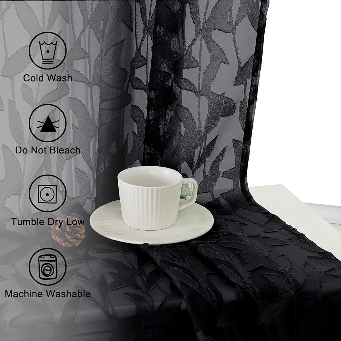 Lecloud Leia Black Sheer Curtains 96 Inches Long 2 Panels, Airy Leaf Jacquard - Image 9