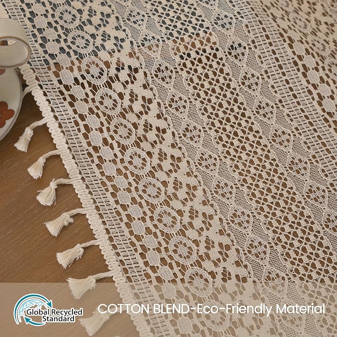 WAZZIO Boho Lace Curtains 72 Inches 2 Panel, Light Filtering Privacy Tassel & - Image 2