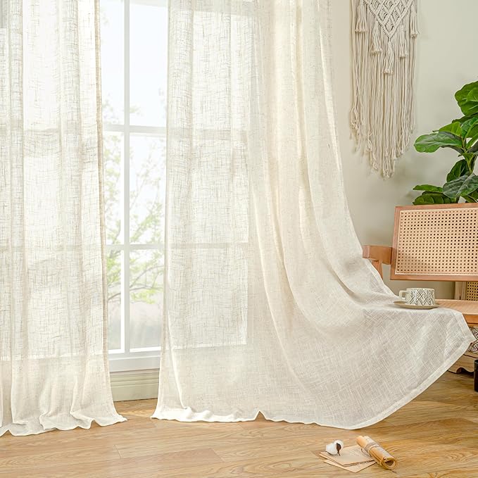 LAMIT Semi Sheer Linen Window Curtains 63 Inch Length, Light Filtering Neutral - Image 9