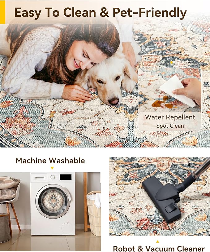 RELEANY Area Rugs 7ft Washable Non-Slip, Floral Vintage Distress Print Pattern - Image 4